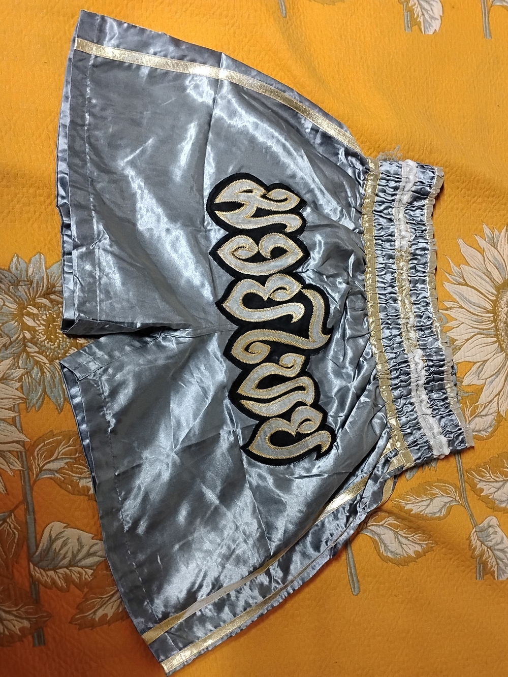 Women’s Silver Satin Shorts with Gold Trim Muy Thai